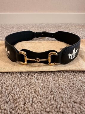 ADIDAS X GUCCI Black Leather Belt with Gold Horsebit & Trefoil Logos Size 80/32